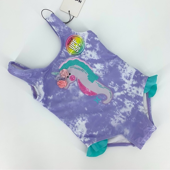 Hurley NWT Baby Girl Purple Tie Dye Unicorn Ruffle Leg One Piece Swim Suit, 24M - Picture 1 of 15